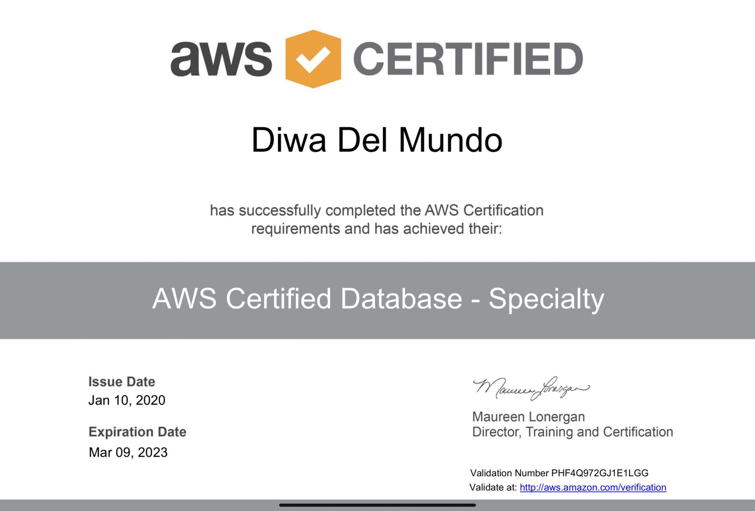 AWS Certified Database - Specialty credential awarded to Diwa del Mundo